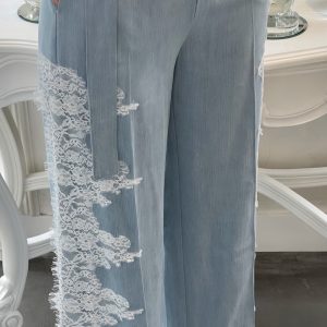 Pantalone Wide-leg Denime Chiaro con ricami in pizzo